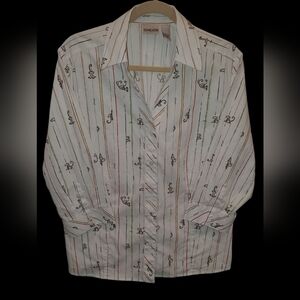 Chico's Cotton Blend Button Down 3/4 sleeve V-neck Monkey Print Blouse, Size 2